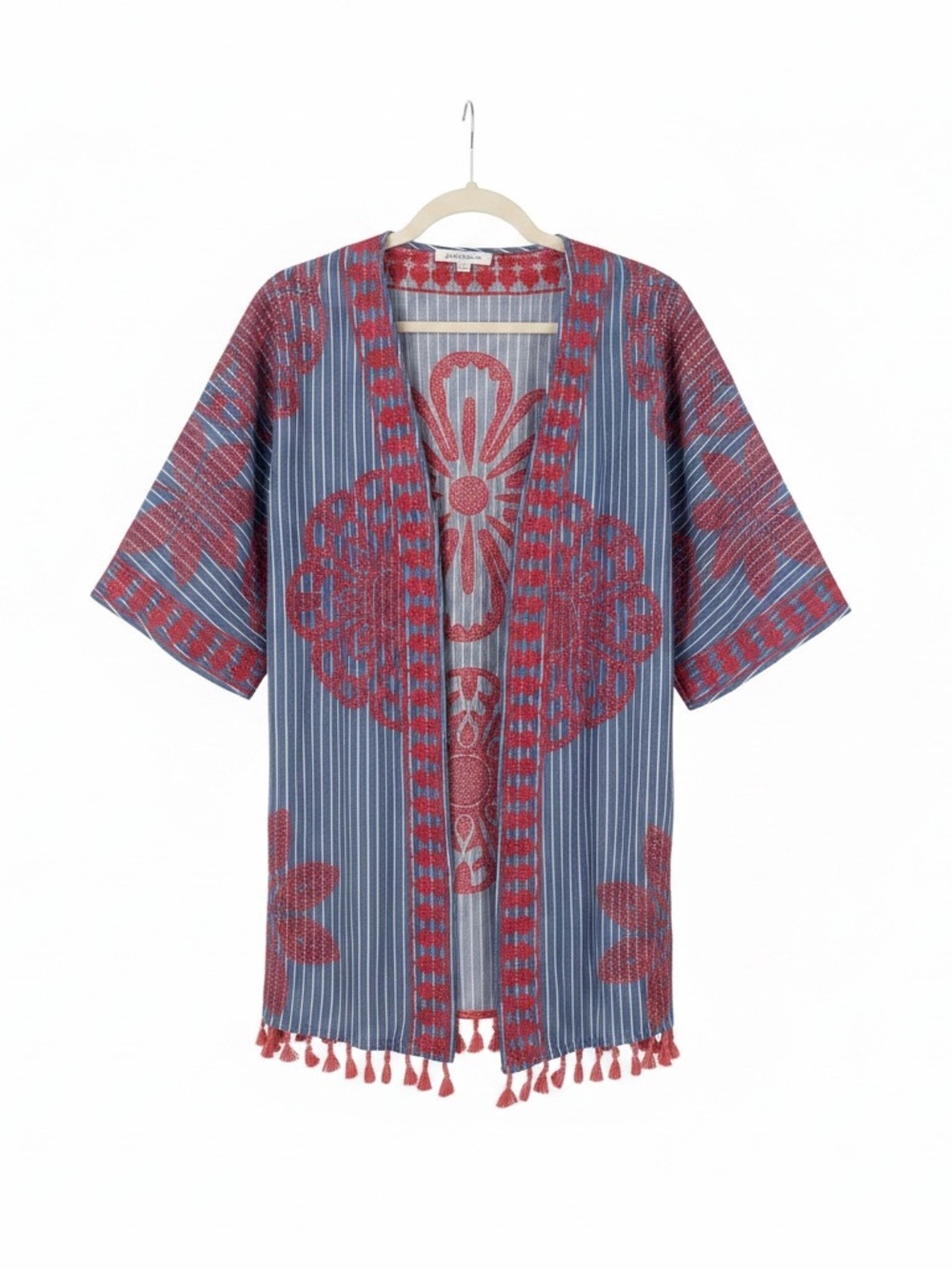 THML Embroidered Tassel Open Front Kimono Jacket Blue Coral Size X Small